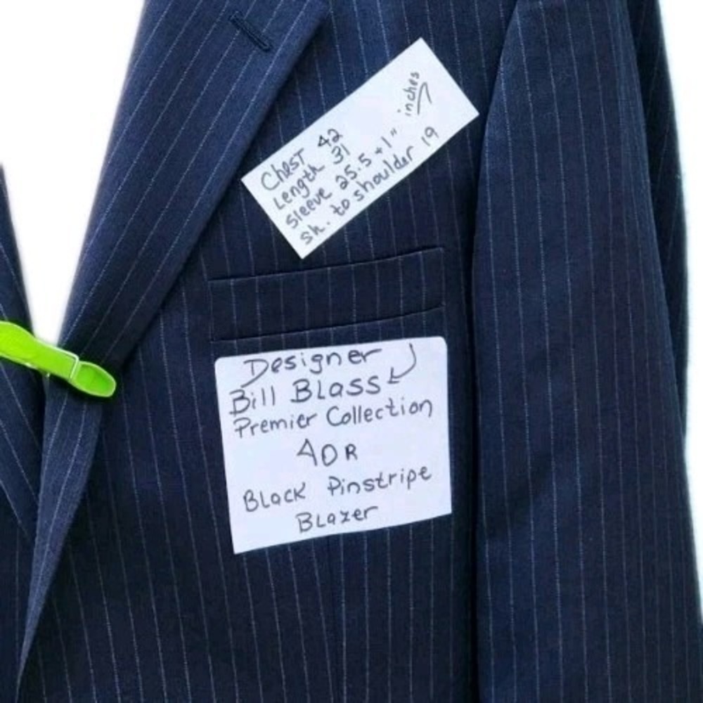 40 Bill Blass BLACK Blazer Mens Gray Pinstripe Coat Vintage Career Suit Jacket